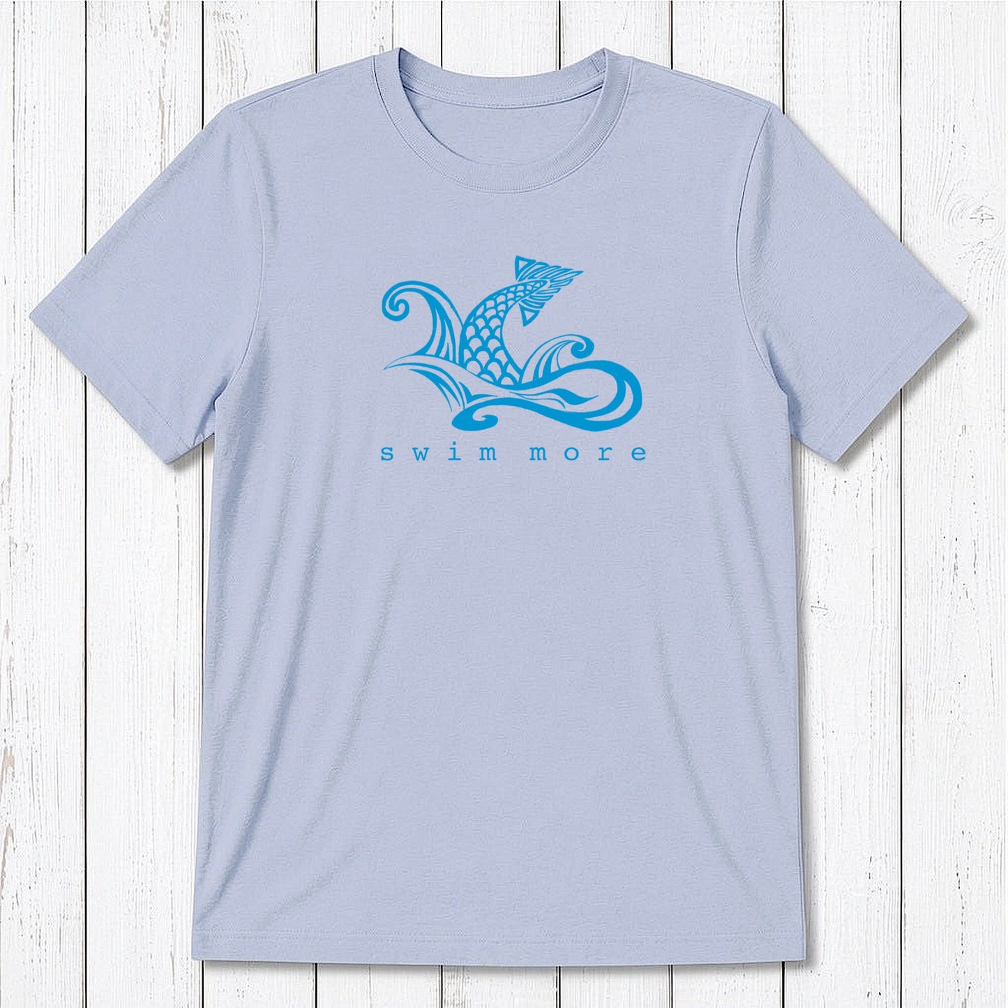 Light blue Men's Swimming T-Shirt in Bamboo & Organic Cotton with white 'Swim More' graphic. Soft and breathable summer tee.