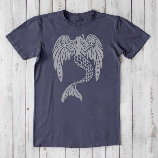 Navy bamboo and organic cotton men's mermaid T-shirt featuring a gray fantasy sea creature design, eco-friendly and classic fit.