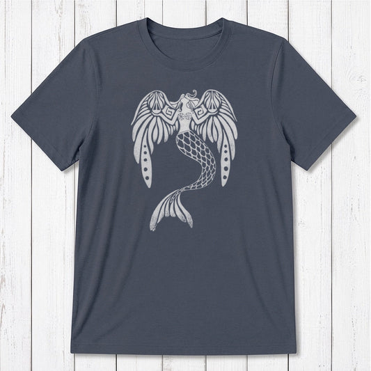 Navy bamboo and organic cotton men's mermaid T-shirt featuring a gray fantasy sea creature design, eco-friendly and classic fit.