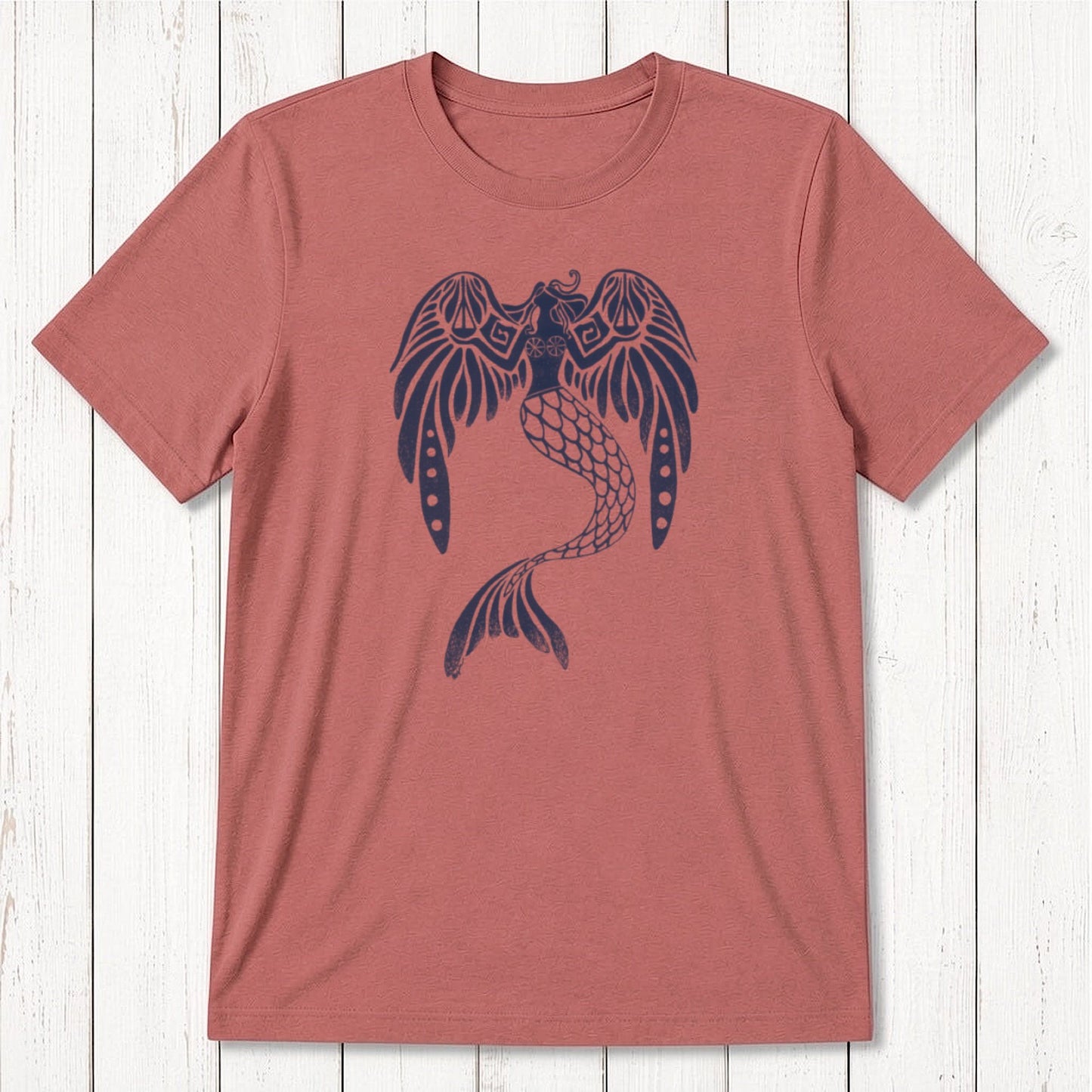 Red clay men's mermaid T-shirt in bamboo and organic cotton with a white mythical sea creature design, eco-friendly fantasy gift.