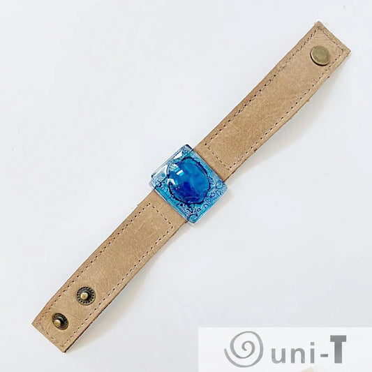 Tan Leather Cuff with Blue Recycled Fused Glass - Narrow Carolina Portillo