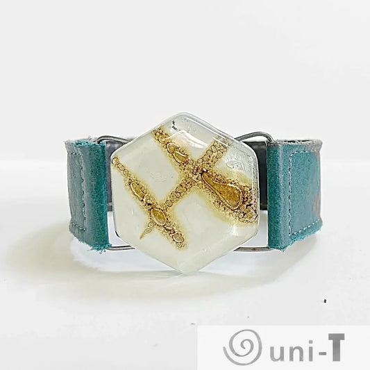 Teal Leather Cuff with White & Gold Recycled Fused Glass - Narrow Carolina Portillo