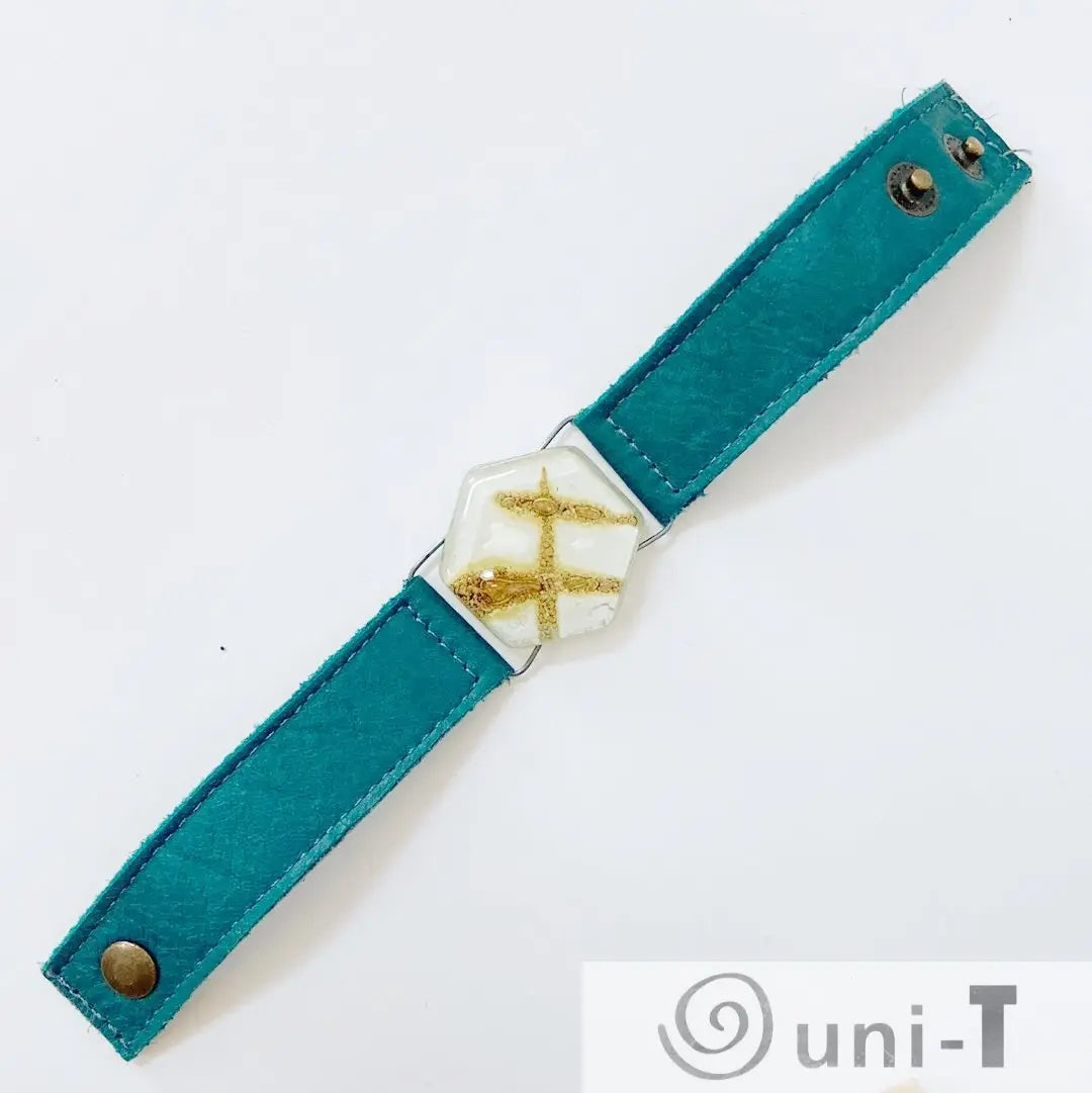 Teal Leather Cuff with White & Gold Recycled Fused Glass - Narrow Carolina Portillo