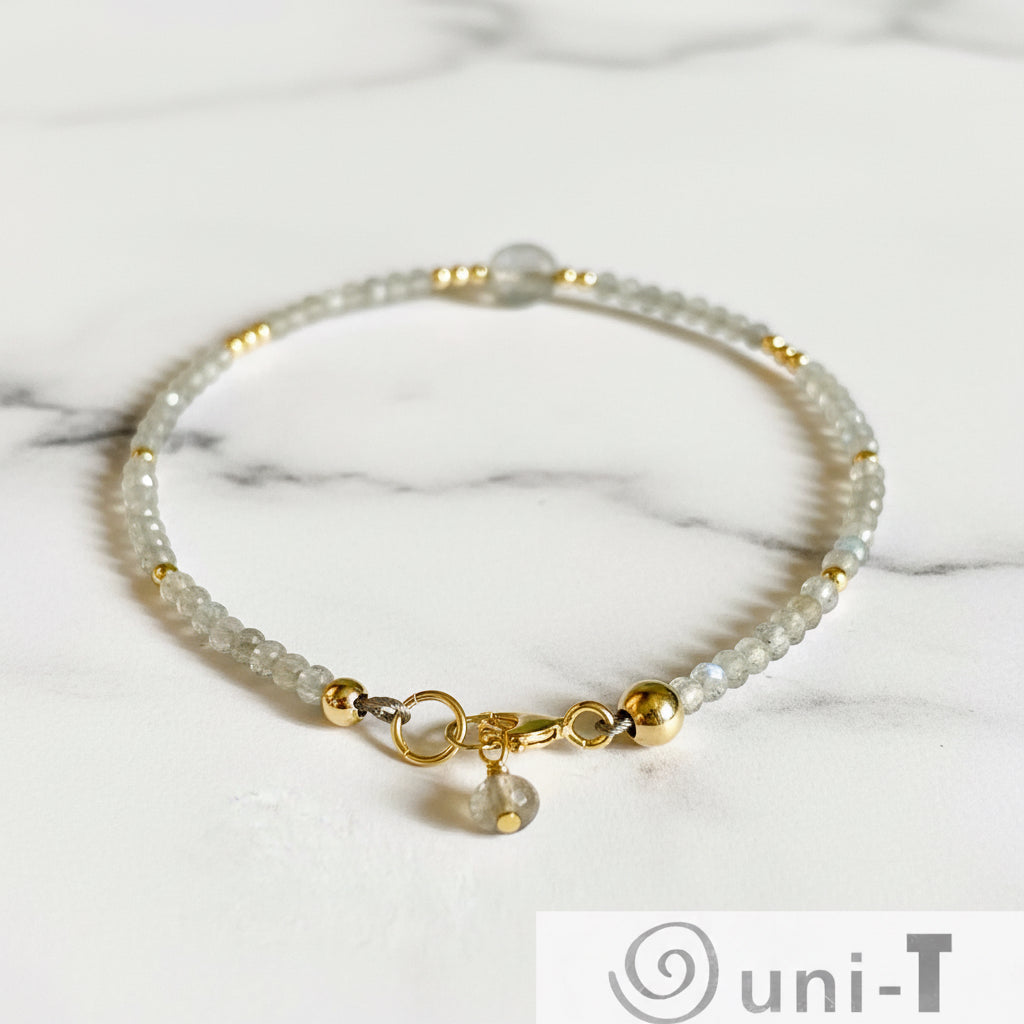 Close-up of Moonstone Sparkle Bracelet clasp and labradorite bead, showcasing gold-filled hardware and fine craftsmanship in a 7.5” design.