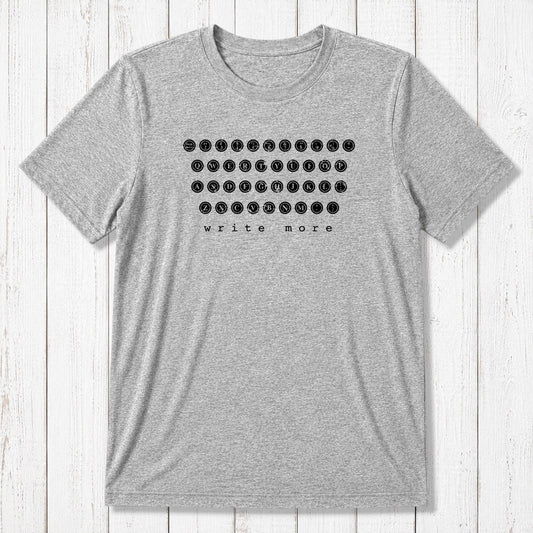 Men's bamboo & organic cotton graphic tee in heather gray with vintage typewriter keys and 'write more' text. Ideal gift for writers.