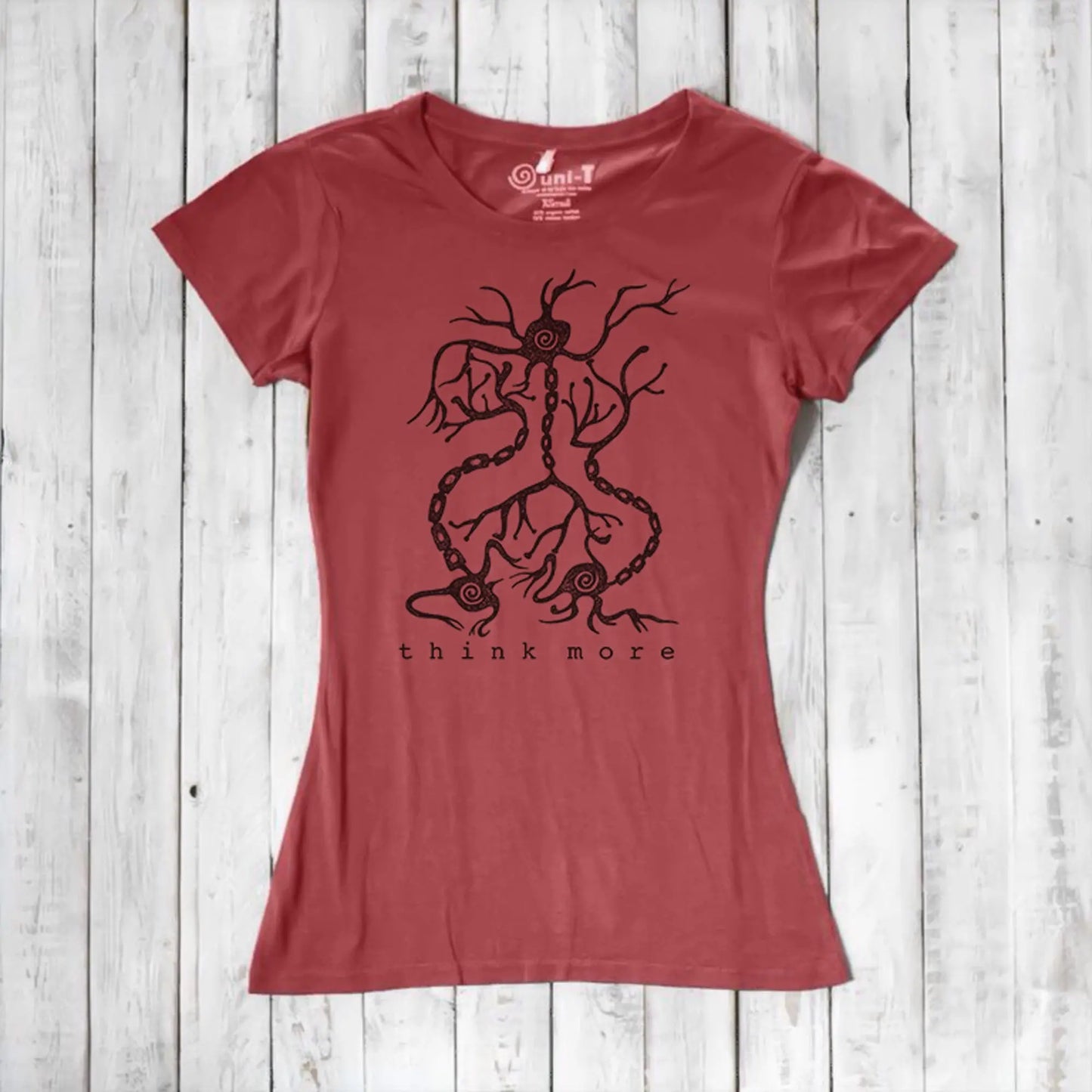 Red women's bamboo & organic cotton T-shirt with black neuron 'Think More' print, ideal eco-friendly gift for science educators and fans.