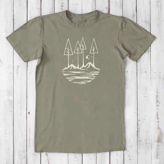 Olive green Men's Nature T-Shirt in Bamboo & Organic Cotton featuring 'All the Good Things in Life' forest and mountain design.