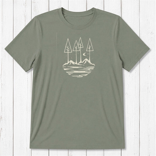 Olive green Men's Nature T-Shirt in Bamboo & Organic Cotton featuring 'All the Good Things in Life' forest and mountain design.