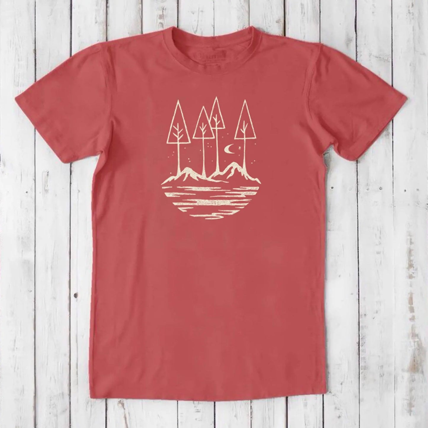 Coral red Men's Nature T-Shirt in Bamboo & Organic Cotton with scenic tree and mountain print, ideal for positive vibes and gifting.