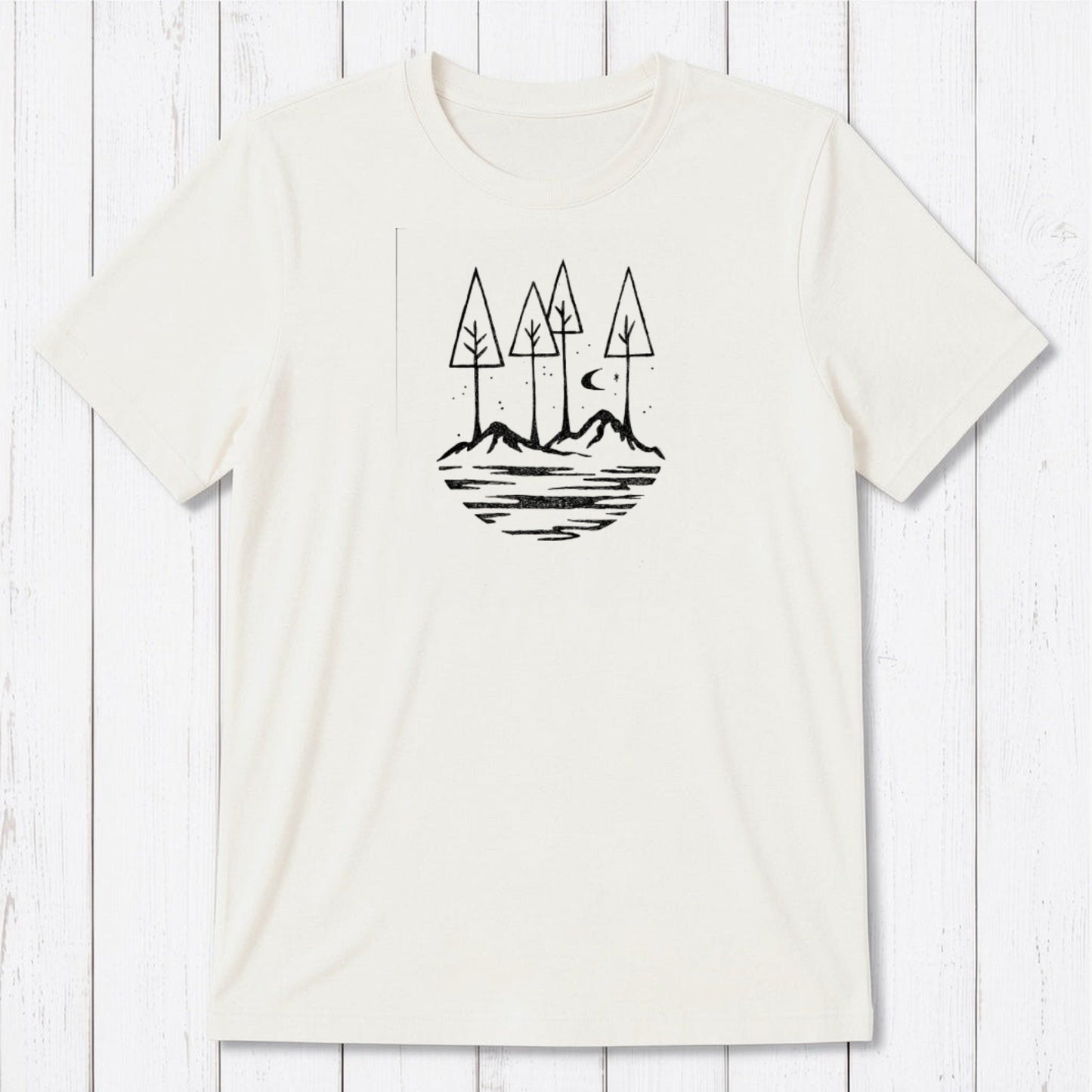 White Men's Nature T-Shirt in Bamboo & Organic Cotton with black minimalist mountain and tree design, sustainable and stylish tee.
