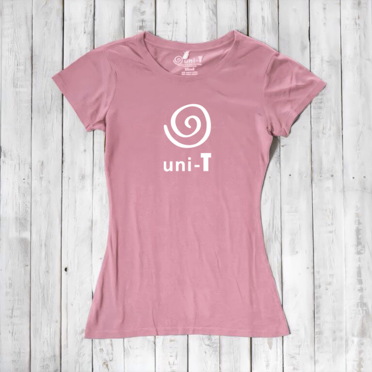 Women's Uni-T Logo T-Shirt in soft pink bamboo and organic cotton, with white spiral unity graphic, sustainable and stylish tee.