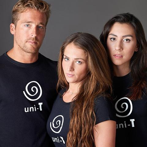 Group wearing Men's Uni-T Logo T-Shirts in black, showcasing classic fit bamboo and organic cotton unity tees, ideal sustainable gift for him.