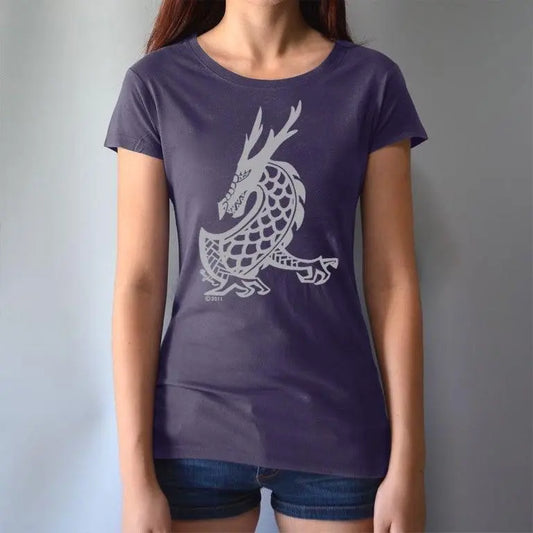 Model wearing Women's Dragon T-Shirt in dark purple bamboo & organic cotton, showcasing Uni-T's fantasy art graphic of a majestic dragon.