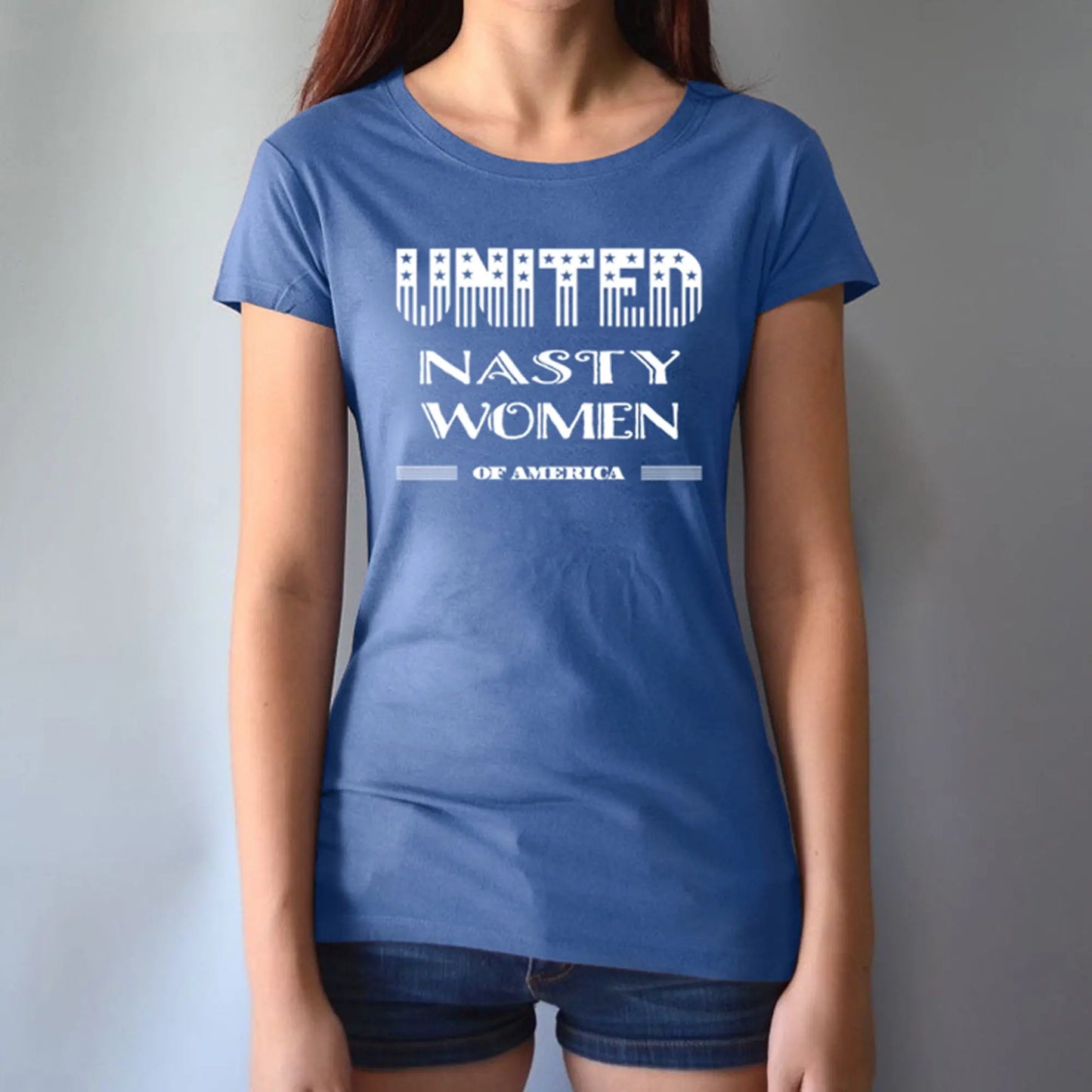 Model in blue bamboo & organic cotton women's T-shirt with 'United Nasty Women of America' slogan. Empowering activist fashion by Uni-T.