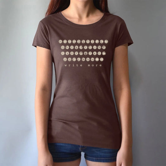 Brown bamboo and organic cotton women's graphic tee featuring vintage typewriter keys and 'Write More' text. Sustainable gift for authors.
