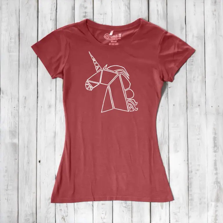 Terracotta red Women’s Unicorn T-Shirt in bamboo and organic cotton with a white geometric unicorn. Sustainable and stylish mythical creature tee.