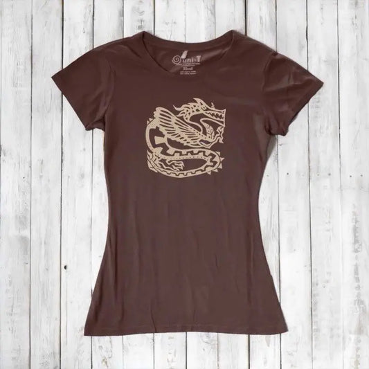 Dark brown women's bamboo & organic cotton dragon T-shirt featuring a bold fantasy graphic, ideal for modern mythology lovers.