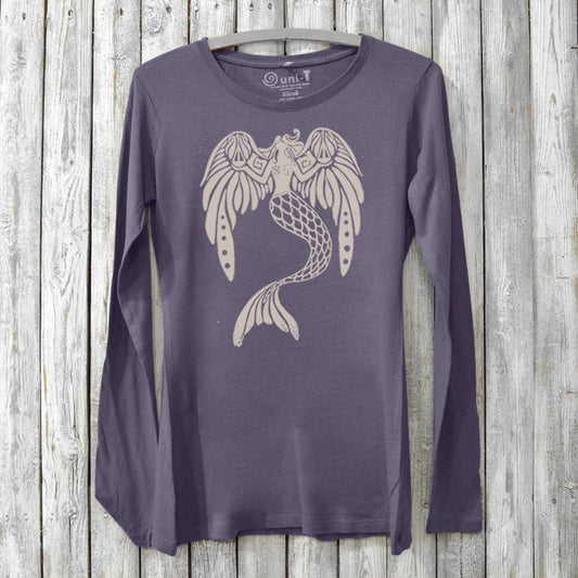Purple organic cotton women's long sleeve shirt with mermaid holding justice scales graphic, 'The Magnificent' design by Uni-T. Sustainable and artistic.