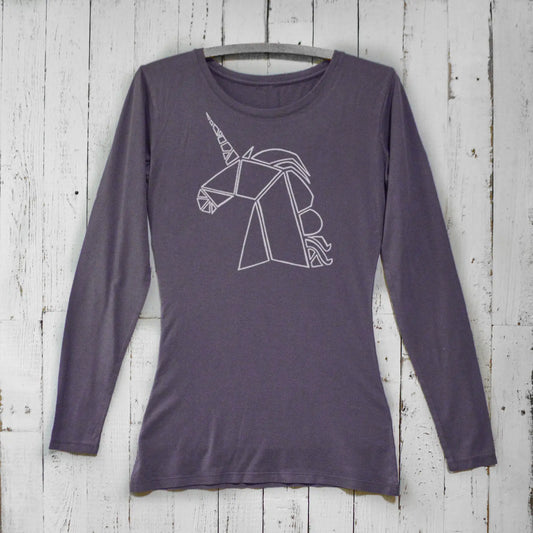Dark purple unicorn long sleeve t-shirt for women in bamboo organic cotton. Stylish fantasy apparel with geometric unicorn graphic.