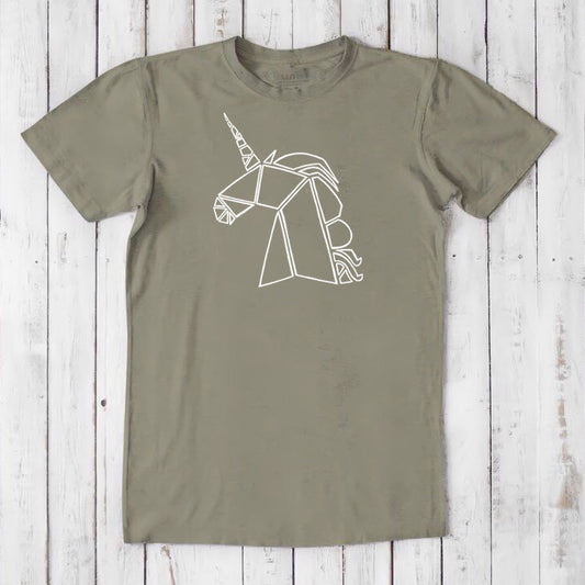 Khaki-green Men's Unicorn T-Shirt made from bamboo and organic cotton, featuring a white line-art mythical unicorn design, ideal fantasy gift.