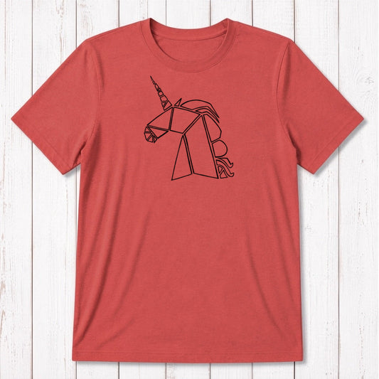 Red clay Men's Unicorn T-Shirt in bamboo and organic cotton, featuring a white geometric unicorn design, perfect fantasy-themed gift for men.