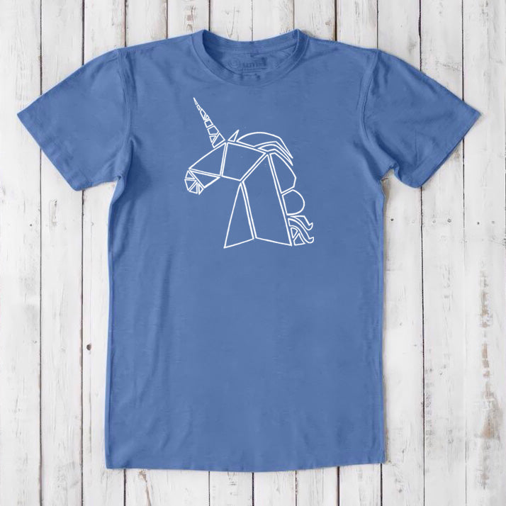 Ocean blue Men's Unicorn T-Shirt in bamboo and organic cotton, showcasing a white line-art unicorn, perfect fantasy gift for him.