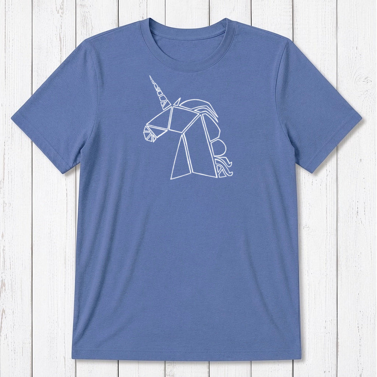 Ocean blue Men's Unicorn T-Shirt in bamboo and organic cotton, showcasing a white line-art unicorn, perfect fantasy gift for him.