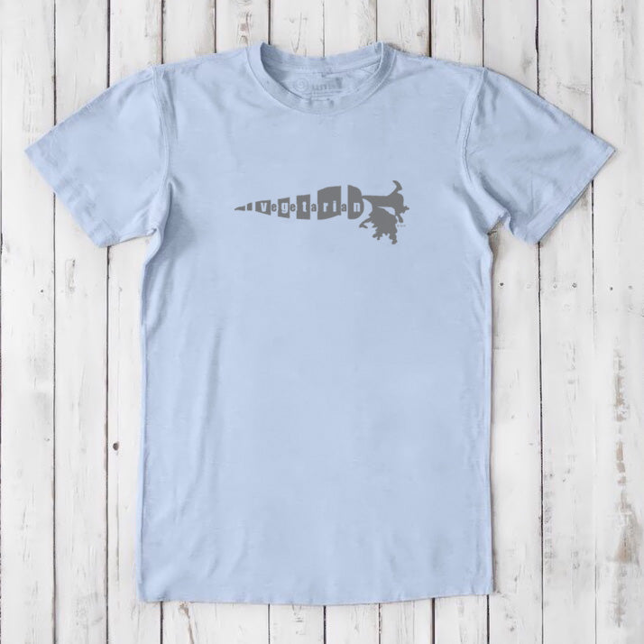 Light blue men's vegetarian T-shirt in bamboo and organic cotton with gray 'Plant Power' carrot graphic, soft and breathable classic fit top.
