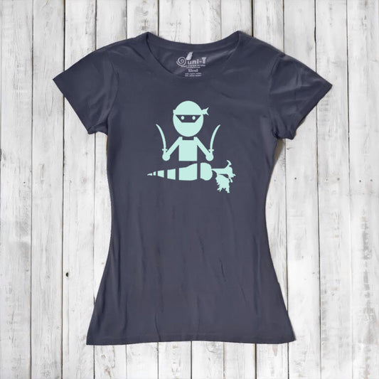Women's navy blue bamboo and organic cotton T-shirt featuring a mint green 'Veggie Ninja' graphic, a fun vegan-themed gift idea.