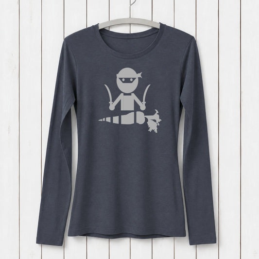 Navy Veggie Ninja long sleeve t-shirt for women made from bamboo and organic cotton, featuring a fun ninja carrot graphic for plant-based fashion lovers.