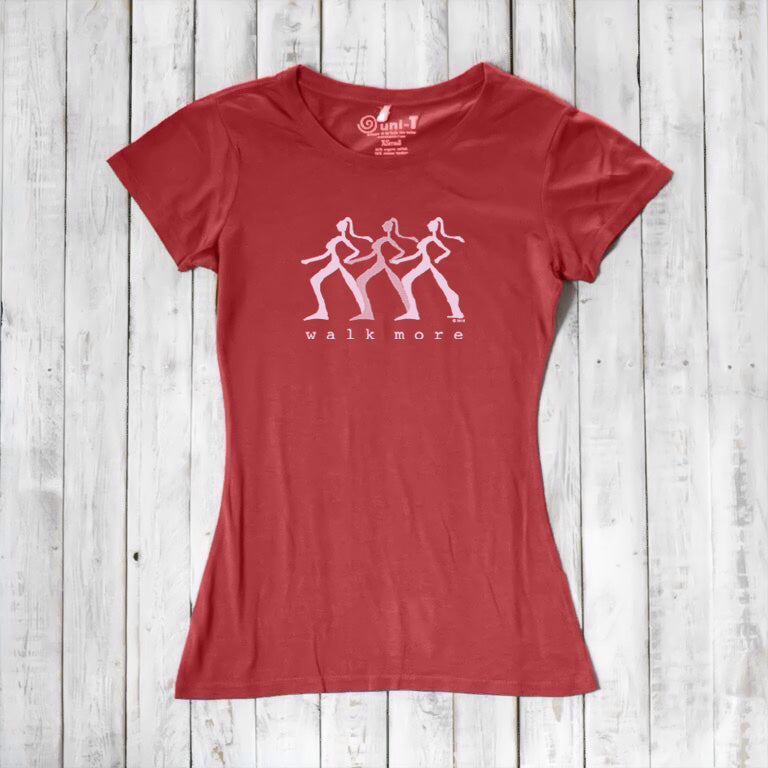 Red Women's Walking T-Shirt in Bamboo & Organic Cotton with white 'Walk More' graphic. Ideal sustainable gift for active women and hikers.