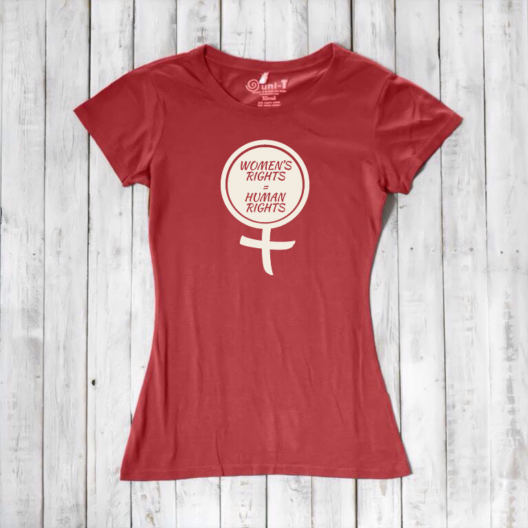 Red Women's Rights T-Shirt made from bamboo and organic cotton, featuring cream feminist symbol. Sustainable gift for human rights supporters.