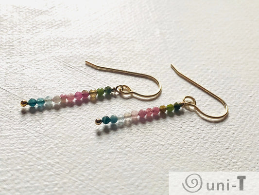 Genuine Watermelon Tourmaline Earrings featuring silver bars and tiny faceted tourmaline beads in pink, green, and blue tones for a vibrant look.
