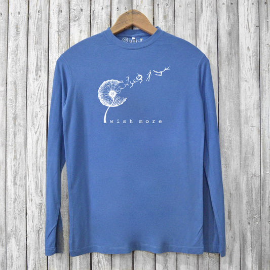 Men’s bamboo and organic cotton long sleeve tee in blue featuring a white 'Wish More' graphic. Sustainable, soft, and ideal for casual wear.