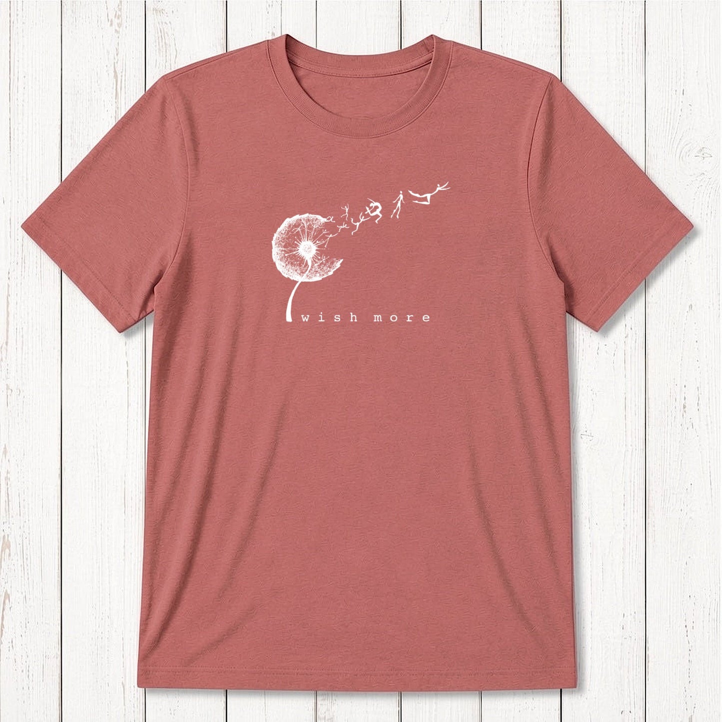 Rust red Men's Dandelion T-Shirt in Bamboo & Organic Cotton with white 'Wish More' design, nature-themed and eco-conscious gift idea.