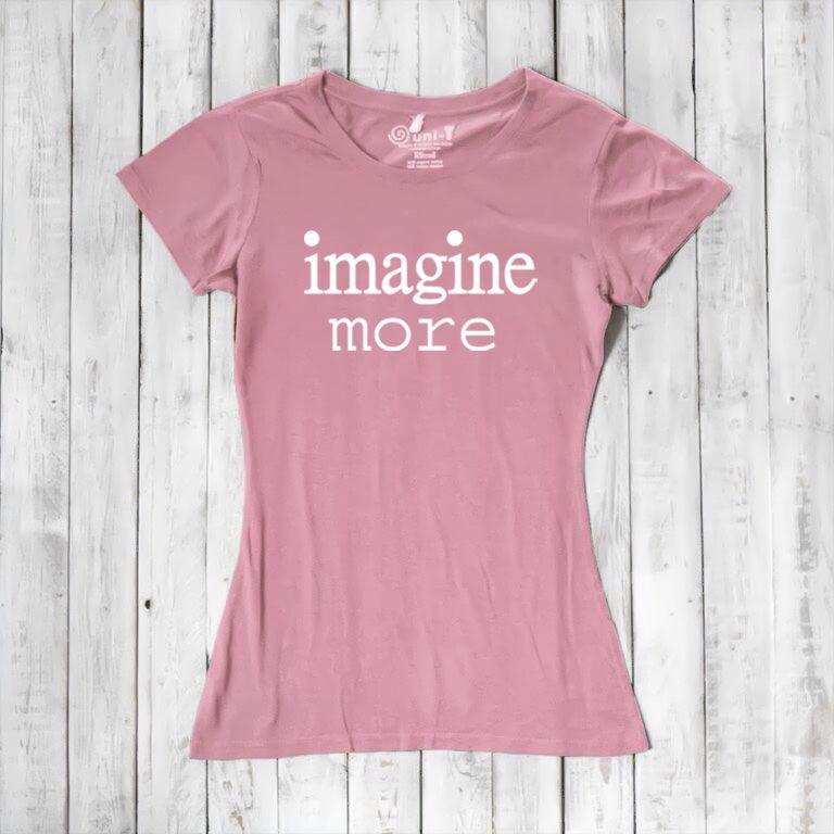 Women's Imagine T-Shirt in Bamboo & Organic Cotton in blush pink with white 'imagine more' text. Soft and sustainable tee for dreamers.
