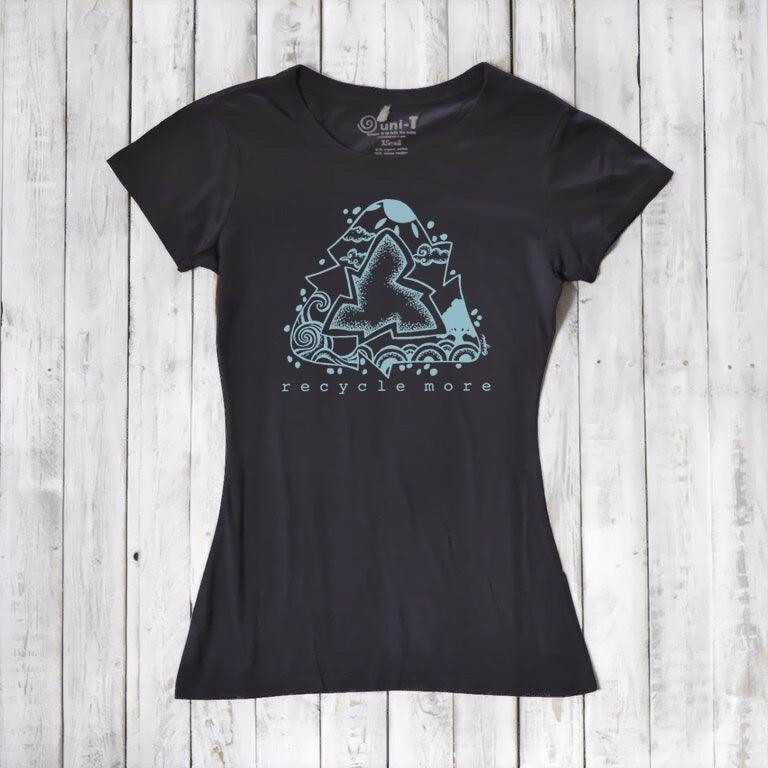 Black women's bamboo & organic cotton T-shirt with blue recycle symbol and 'Recycle More' graphic, sustainable gift for environmentalists.