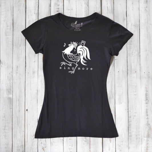 Black women's rooster graphic t-shirt with 'Sing More' text, made from bamboo and organic cotton, ideal for singers and musicians.