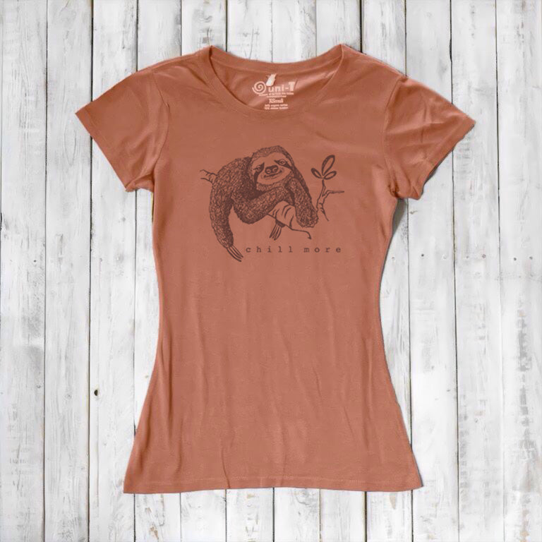 Terracotta women's sloth T-shirt in bamboo and organic cotton with 'Chill More' nature graphic. Sustainable casual wear by Uni-T.