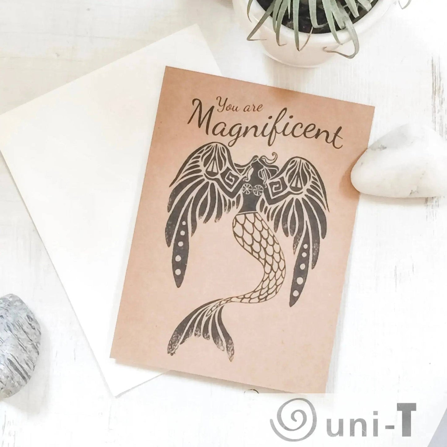 Send Your Love with the Magnificent Greeting Card 4X5.5 featuring a black mermaid illustration on kraft paper, perfect for any occasion.