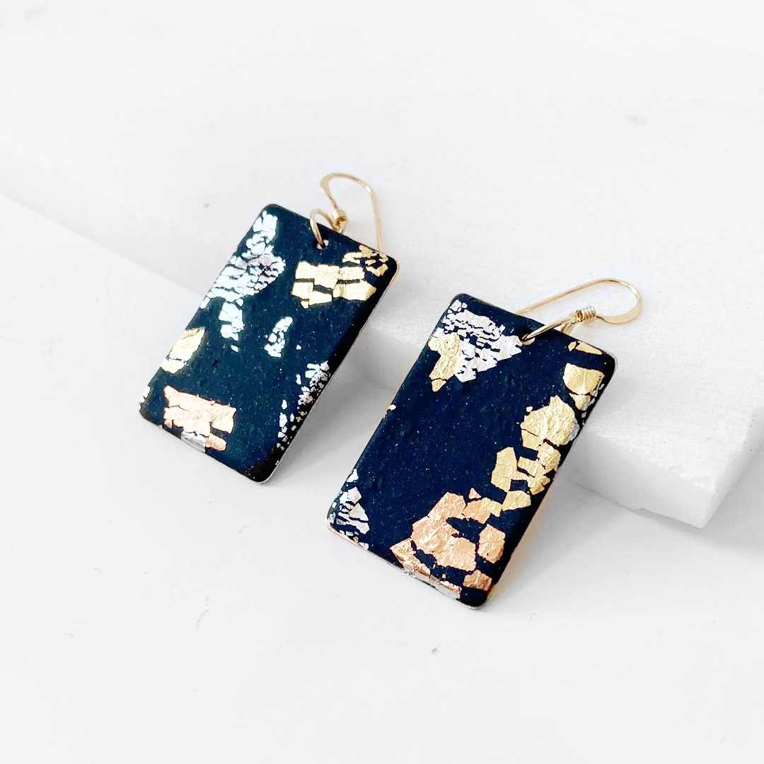Rectangle Polymer Clay  Earrings - Black, Copper and Gold Sandrine Colson