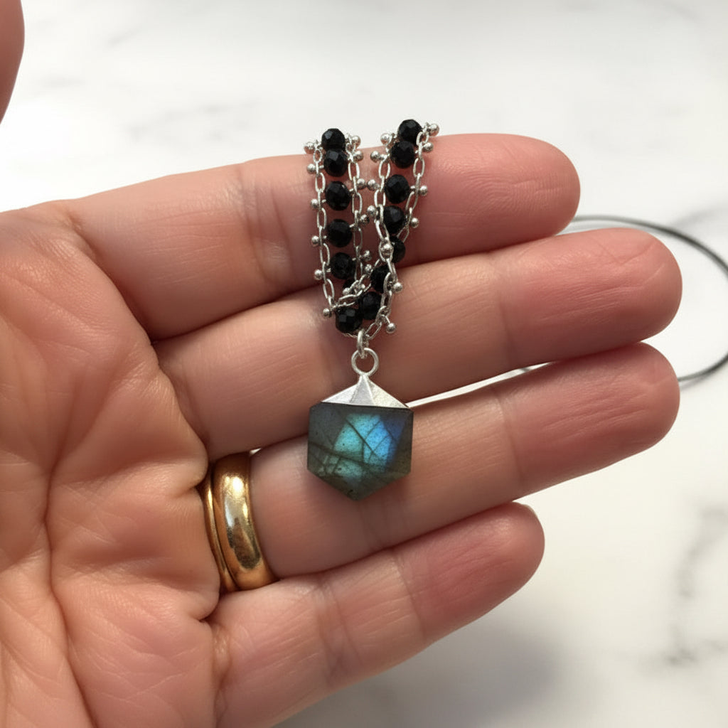 Labradorite, Glass Steel, Sterling Silver Chain Necklace