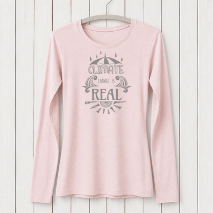 Light pink women's long sleeve T-shirt made from bamboo and organic cotton with a climate change awareness graphic, hanging on a white wooden wall