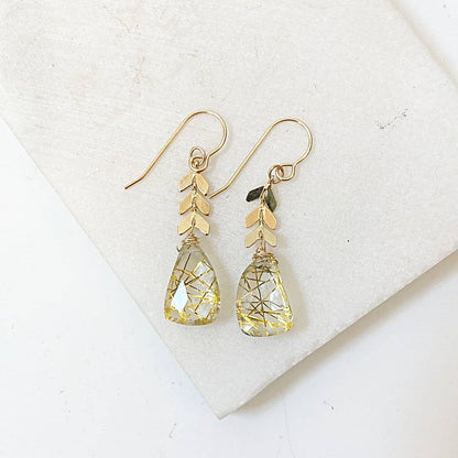 Rutilated Quartz Chevron Earrings with gold-filled wire and chevron brass chain, featuring teardrop-shaped gemstone drops for elegant styling.