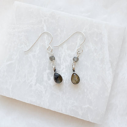 Silver Labradorite drop earrings with gemstone and bead details