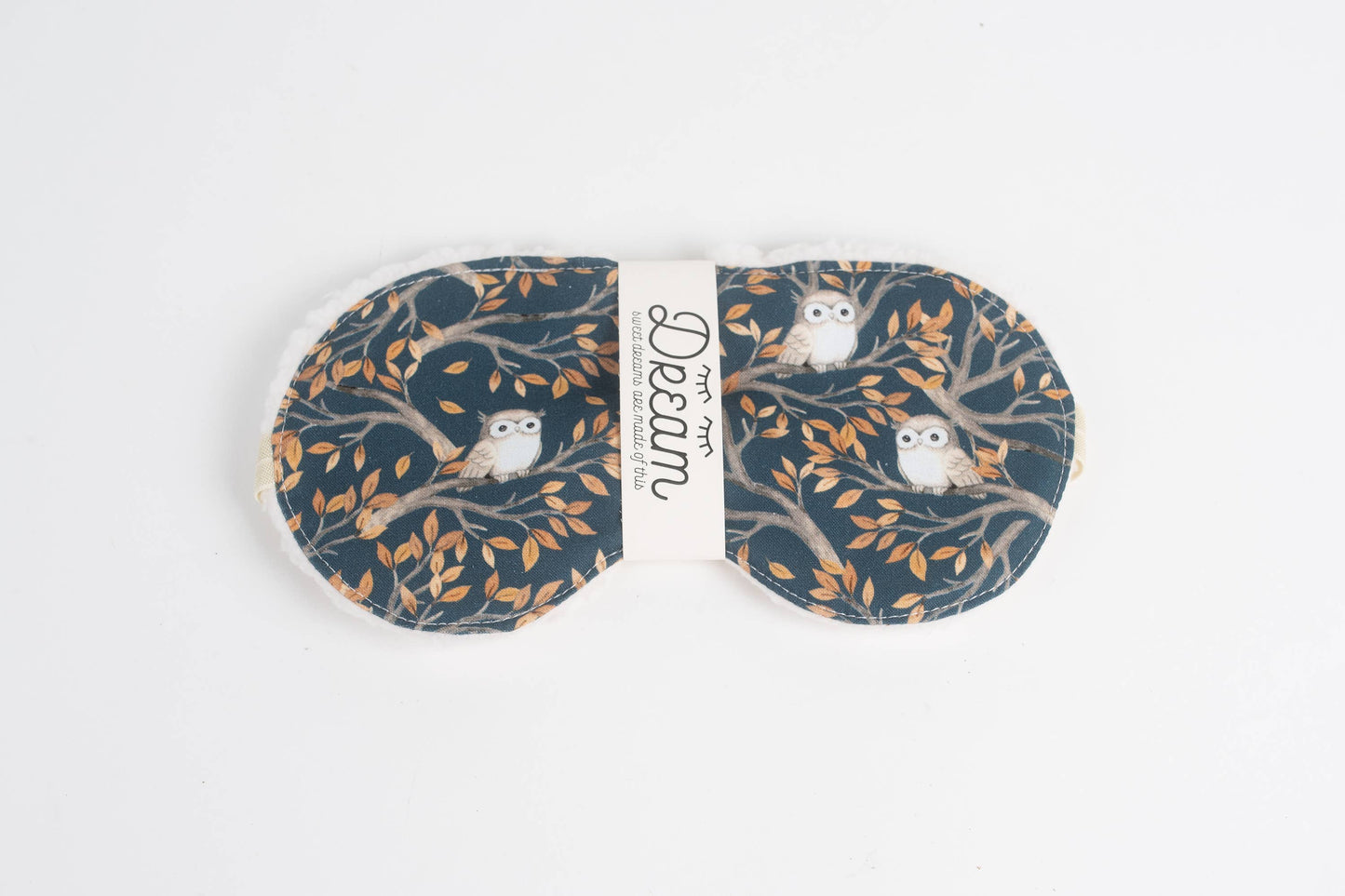 Sweet Dreams Night Owl sleep mask featuring whimsical owl design on dark cotton fabric, ideal for restful sleep and holiday relaxation.