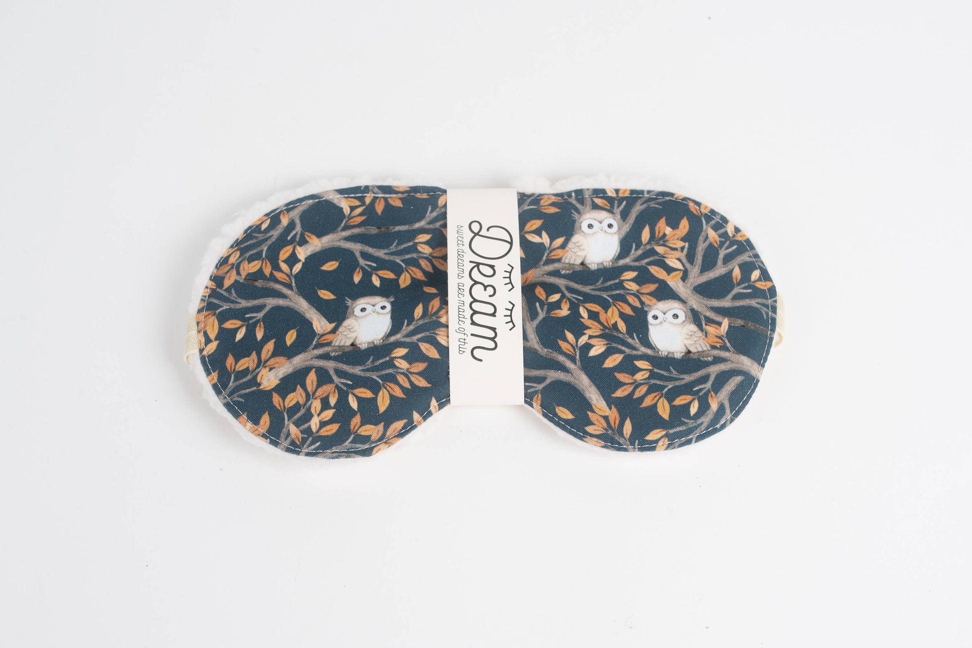Sweet Dreams Night Owl sleep mask featuring whimsical owl design on dark cotton fabric, ideal for restful sleep and holiday relaxation.