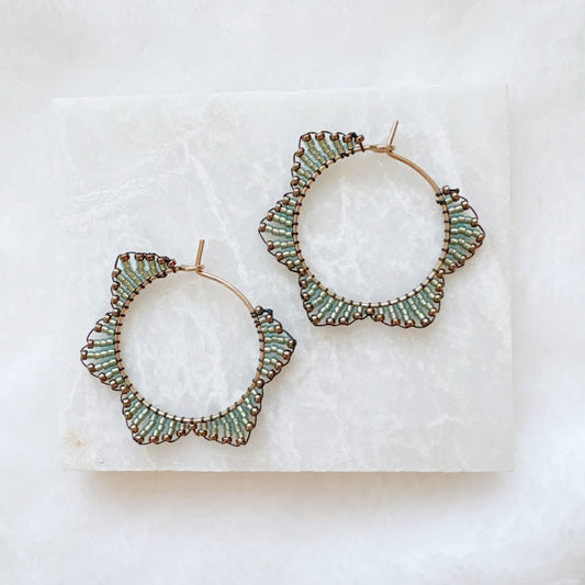 Green Beaded Brass Hoop Earrings***