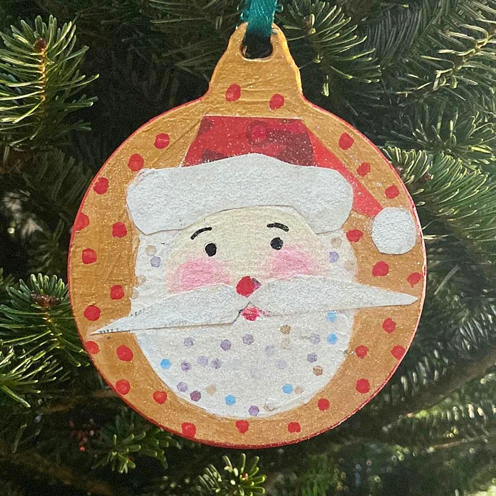 Mixed Media Wooden Holiday Ornaments - Santa and Gifts, Add Personalization Virginia Fitzgerald
