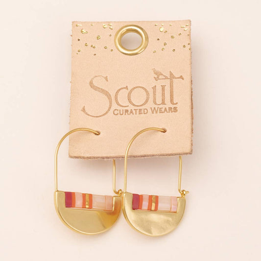 Miyuki Crescent Hoop Earrings - Playful Modern Design displayed on branded Scout Curated Wears card. Elegant pink multi and gold beaded hoops.
